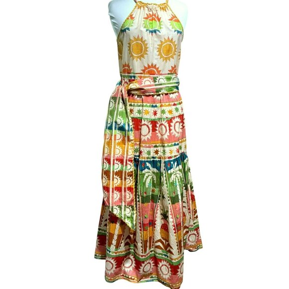 NWOT Farm Rio Rainbow Sunset Bow Maxi Halter Dress Sz XS BoHo Summer Vacation - Picture 1 of 14